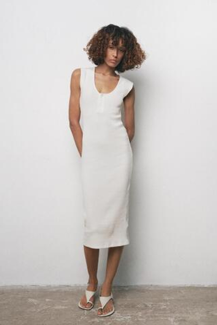 ZARA ПЛАТЬЕ МИДИ В РУБЧИК С ПУГОВИЦАМИ, БЕЛЫЙ