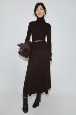 ZARA СВИТЕР ИЗ 100% ШЕРСТИ С ВЫСОКИМ ВОРОТНИКОМ И РЕМНЕМ, ШОКОЛАДНЫЙ