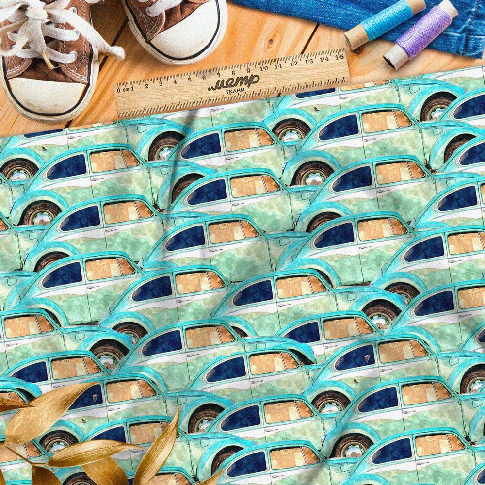 Ткань футер 2-х нитка автопарк бирюзовых машин