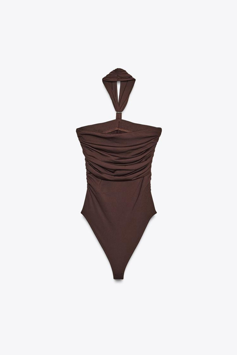ZARA БОДИ ИЗ ПОЛИАМИДА С ГОРЛОВИНОЙ ХАЛТЕР И МЕТАЛЛИЧЕСКОЙ ДЕТАЛЬЮ, ТЕМНО-КОРИЧНЕВЫЙ