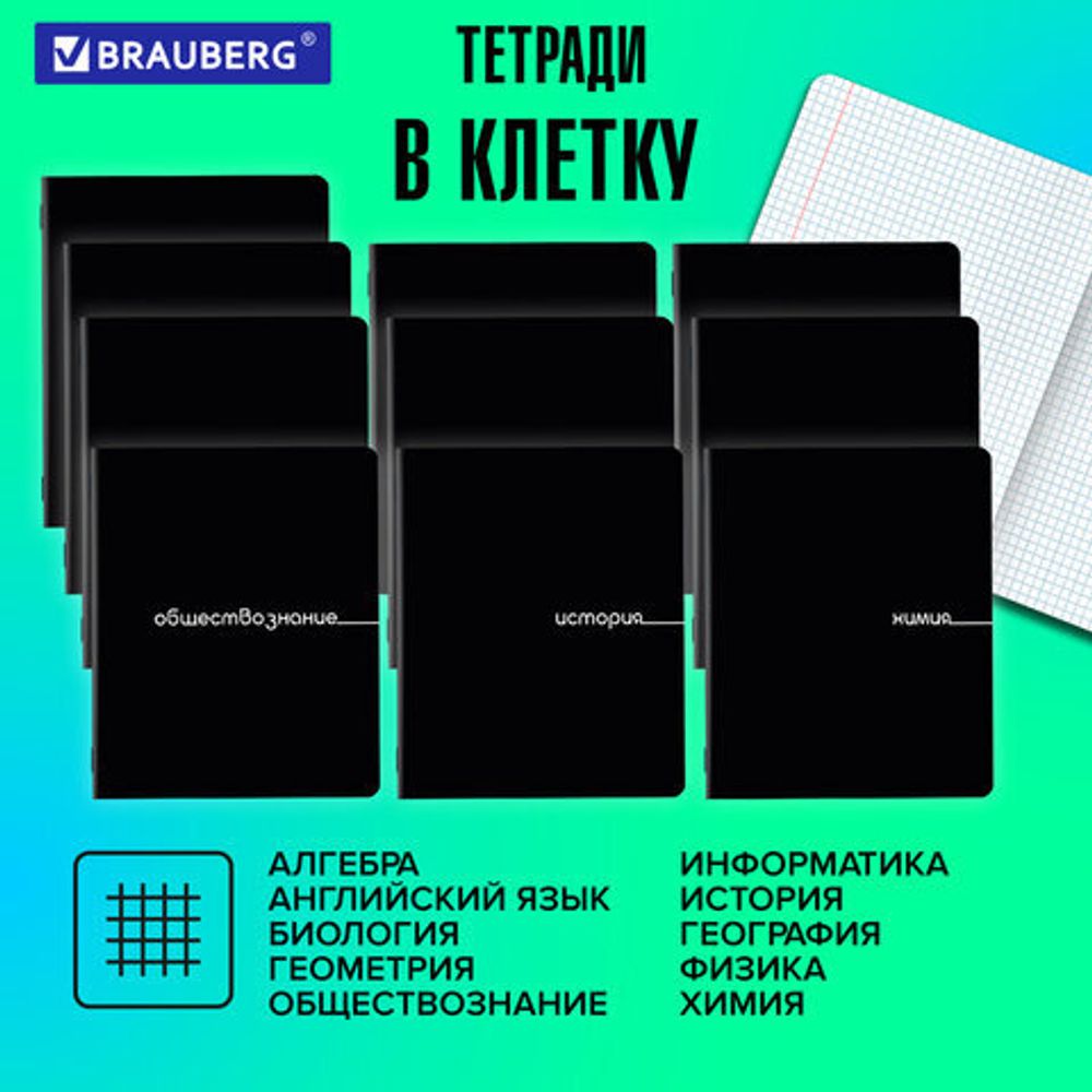 Тетради предметные, КОМПЛЕКТ 12 ПРЕДМЕТОВ, 48 л., обложка картон, BRAUBERG "BLACK", 405164