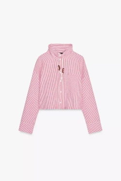 ZARA РУБАШКА В ПОЛОСКУ С ВЫСОКИМ ВОРОТНИКОМ, КРАСНЫЙ/БЕЛЫЙ