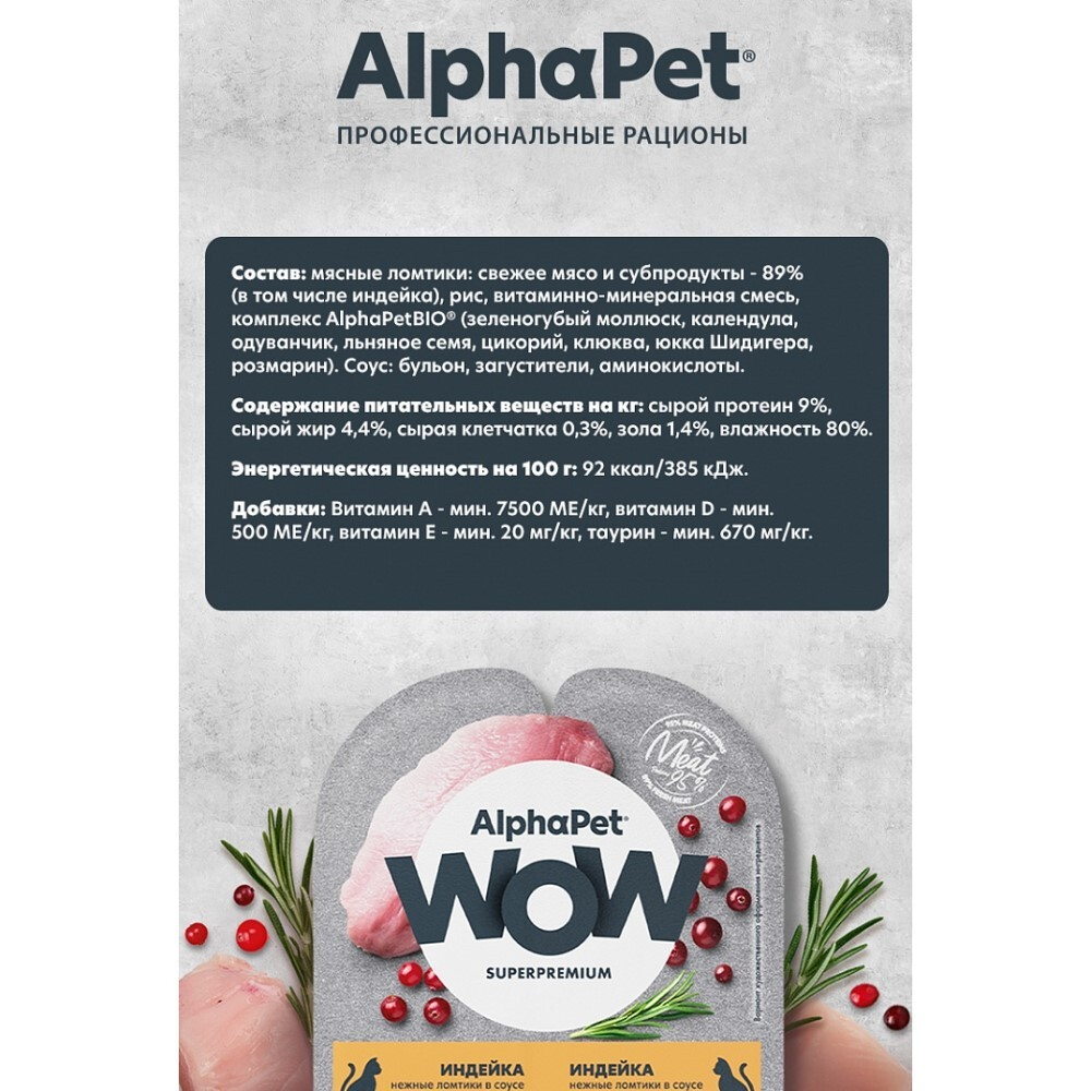AlphaPet WOW Superpremium 80 г - консервы (блистер) для стерилизованных кошек с индейкой (ломтики в соусе)