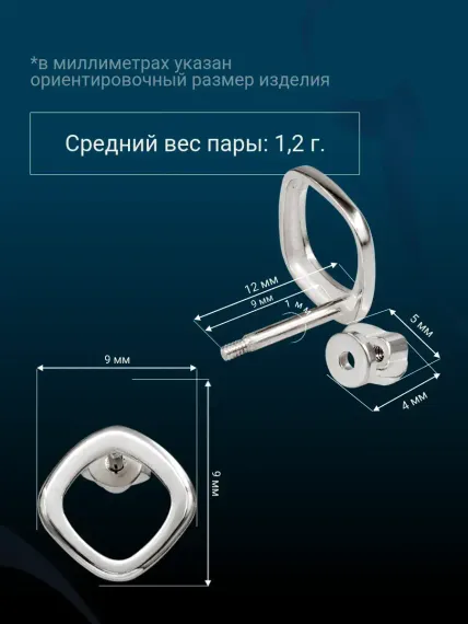 Фото с размерами серьги-пусеты Квадрат скругленный.