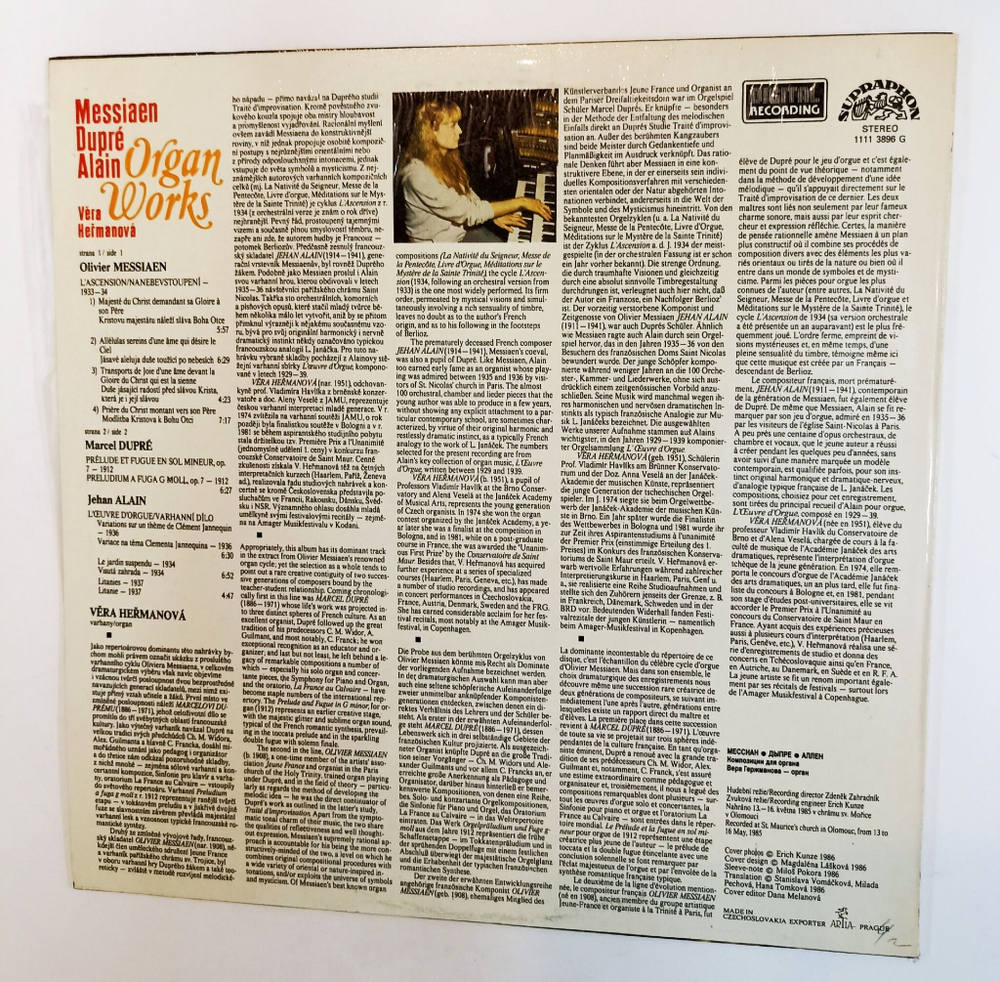 Винтажная виниловая пластинка LP Messiaen Dupre Alain, Vera Hermanova Organ Works (Чехословакия 1987)