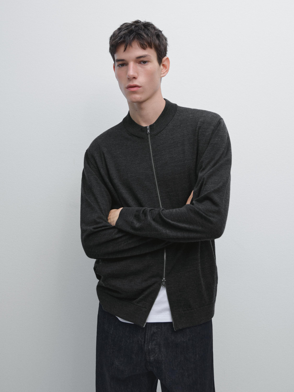 Massimo Dutti Вязаный кардиган из мериносовой шерсти на молнии, серый