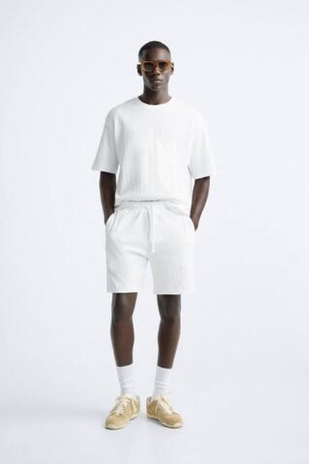 ZARA ШОРТЫ ИЗ РЕЛЬЕФНОЙ ТКАНИ, ЖЕЛТОВАТО-БЕЛЫЙ