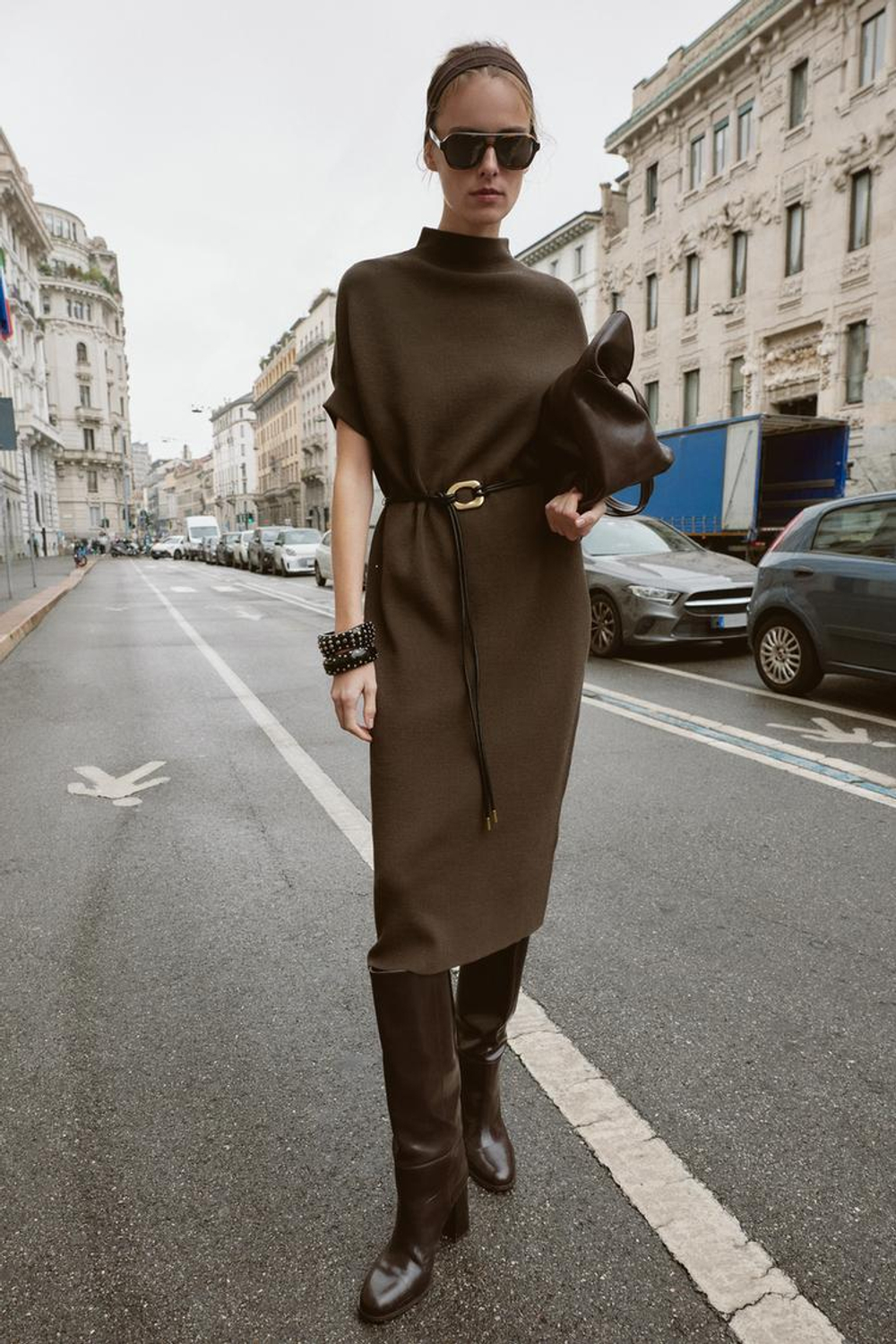 ZARA ТРИКОТАЖНОЕ ПЛАТЬЕ С РЕМНЕМ, СЕРО-КОРИЧНЕВЫЙ