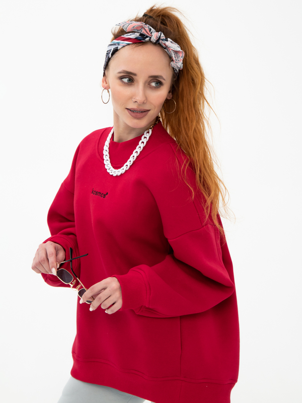 Свитшот женский оверсайз с начесом красный