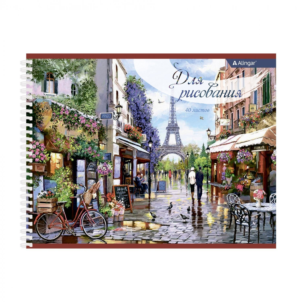 Альбом для рисования 245*195 мм, 40л, Alingar, гребень, мел. картон(стандарт) 210г/м2, офсет 100 г/м2,, "Париж", 1 дизайн в пленке т/у