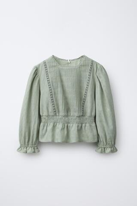 ZARA РУБАШКА С ПРОШВОЙ И ВОЛАНАМИ, МЯГКИЙ ЗЕЛЕНЫЙ