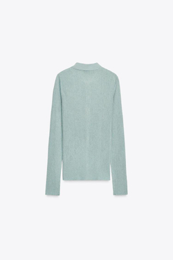 ZARA ТРИКОТАЖНЫЙ ТОП ПОЛО С МЕТАЛЛИЗИРОВАННОЙ НИТЬЮ, ПАСТЕЛЬНО-СИНИЙ