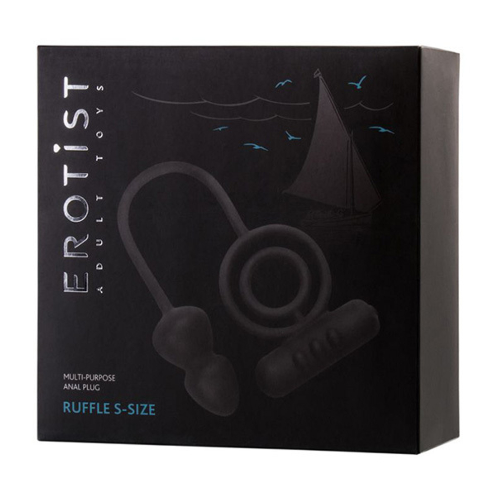 Чёрное эрекционное кольцо 2см с вибростимулятором и анальным хвостом Erotist Toy Multi-Purpose Anal Plug Ruffle Size S