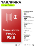 Табличка Пожарный кран, на дверь и стену, информационная и мультиязычная (русский, английский, китайский), серия GLOBAL, 25х15 см, Айдентика Технолоджи