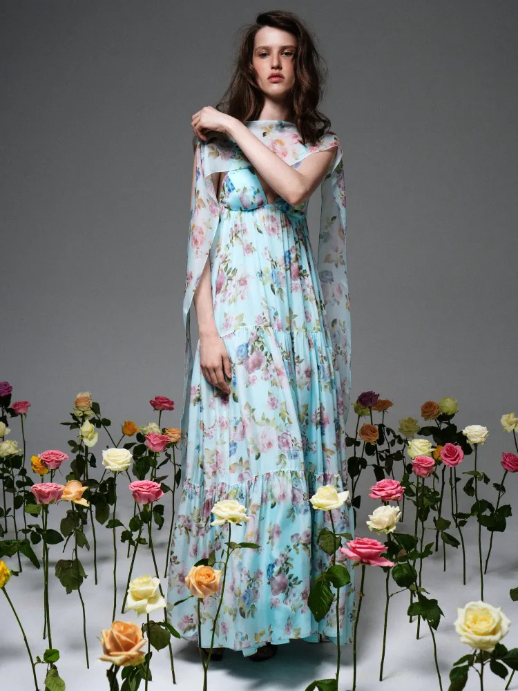 Флёр макси (Fleur maxi), платье макси из голубого шифона с цветочным принтом