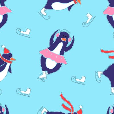 зимний новогодний принт. пингвины на коньках