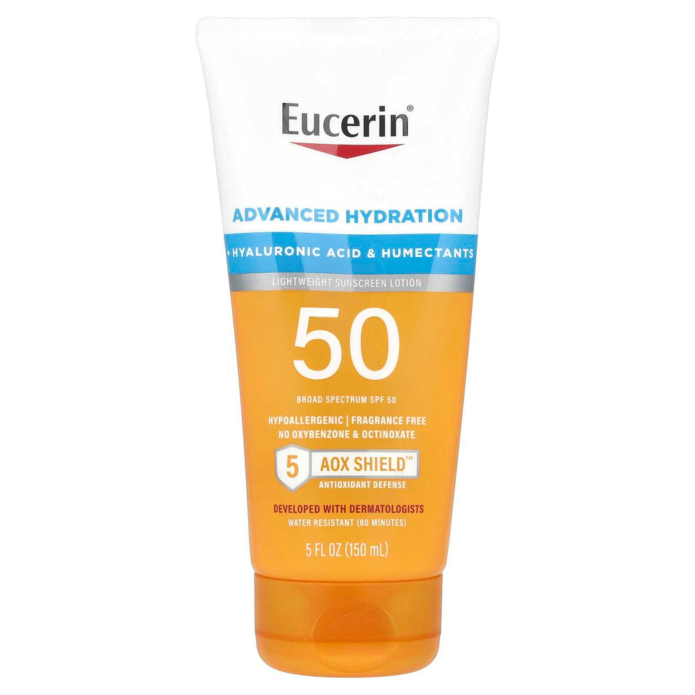 Eucerin, Advanced Hydration, легкий солнцезащитный лосьон, SPF 50, без отдушек, 150 мл (5 жидк. унц.)
