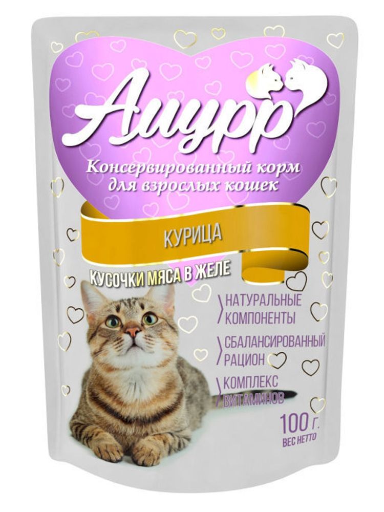 Амурр Влажный корм для взрослых кошек, курица в желе, 100 г