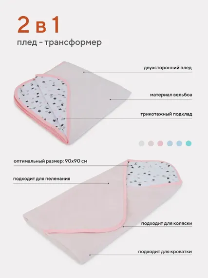 Плед TOPOTUSHKI 90х90 интерлок вельбоа звезда/розовый