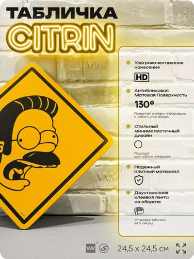 Табличка декоративная "Нед Фландерс" из сериала Симпсоны, на дверь и стену, прикольная штука в подарок фанату, декоративный знак ЦИТРИН, 24,5х24,5 см, пластиковая, Айдентика Технолоджи