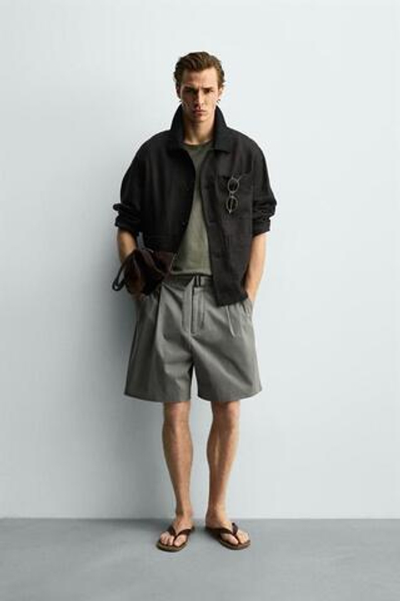 ZARA ШОРТЫ RELAXED FIT С СКЛАДКАМИ И РЕМНЕМ, ХАКИ