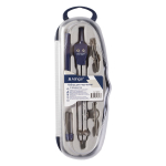 Готовальня Alingar, 5 предметов, металл. циркуль, удлинитель,точечная насадка, грифель, держ. для рейсф вставки,пласт. футляр, европодвес, синий