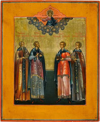 Косма и Дамиан, Кир и Иоанн святые врачи бессеребренники. Деревянная икона на левкасе
