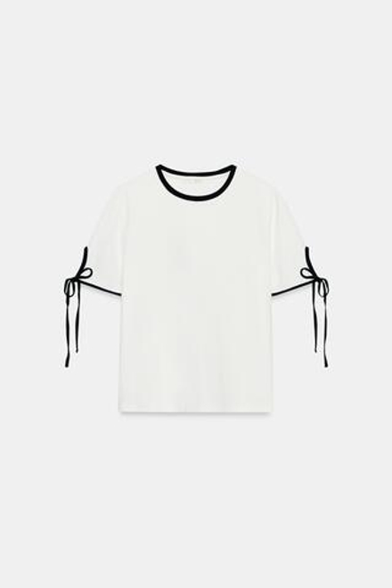 ZARA ФУТБОЛКА С БАНТАМИ И КОНТРАСТНОЙ ОТДЕЛКОЙ, БЕЛЫЙ