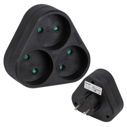 S-ES3-16F BLACK Разветвитель сетевой, б/з. 3 гнезда. 16А, 3500Вт. Черный. ТМ Uniel