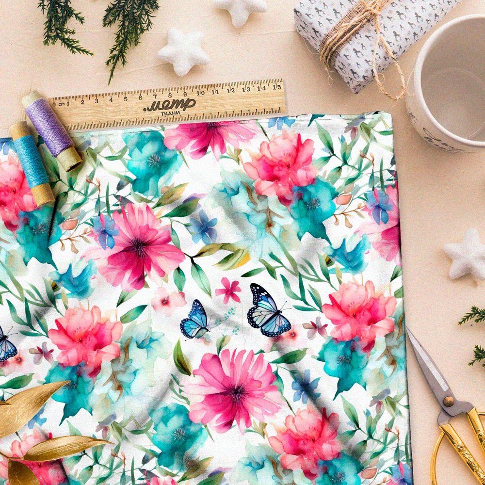 Ткань премиум сатин бабочки в акварельных цветах