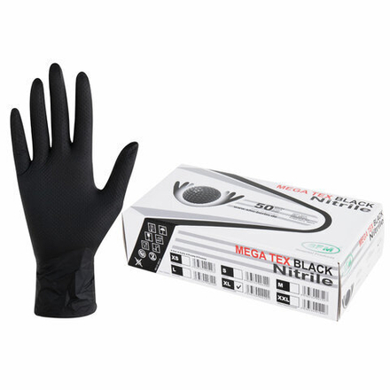 Перчатки нитриловые сверхпрочные с текстурой SFM MEGA TEX BLACK 25 пар (50 штук), XL (очень большой).