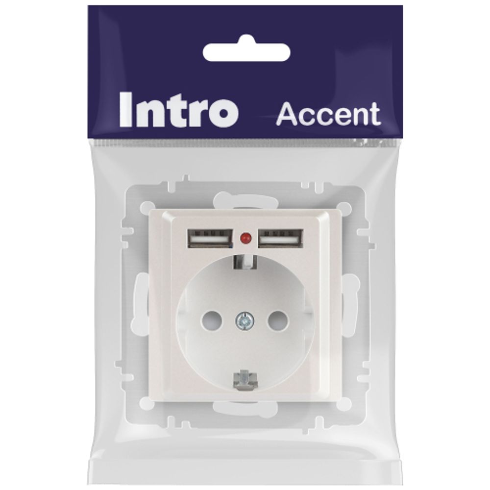 Розетка Intro Accent 6-410-06 с заземлением 2P+E Schuko со шторками 16А-250В + 2хUSB IP20 СУ перламутр | Intro