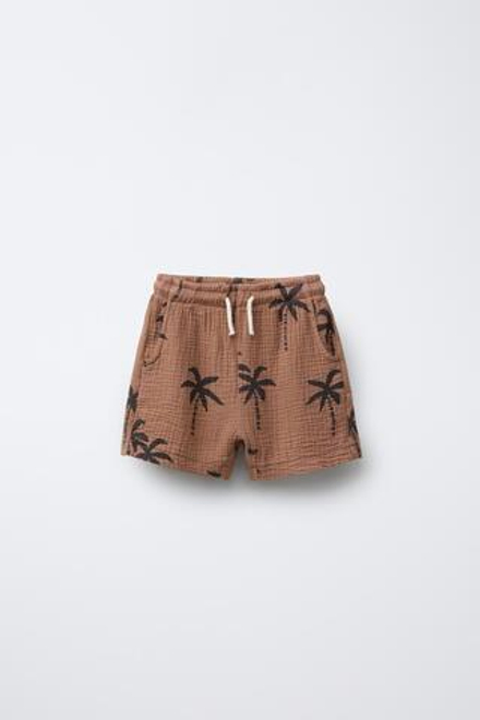 ZARA ШОРТЫ-БЕРМУДЫ ИЗ ТКАНИ С РЕЛЬЕФНЫМ УЗОРОМ И ПРИНТОМ «ПАЛЬМЫ», СВЕТЛО-КОРИЧНЕВЫЙ