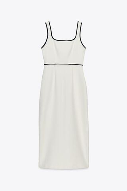 ZARA ПЛАТЬЕ МИДИ С КОНТРАСТНОЙ ОТДЕЛКОЙ, СВЕТЛО-БЕЖЕВЫЙ