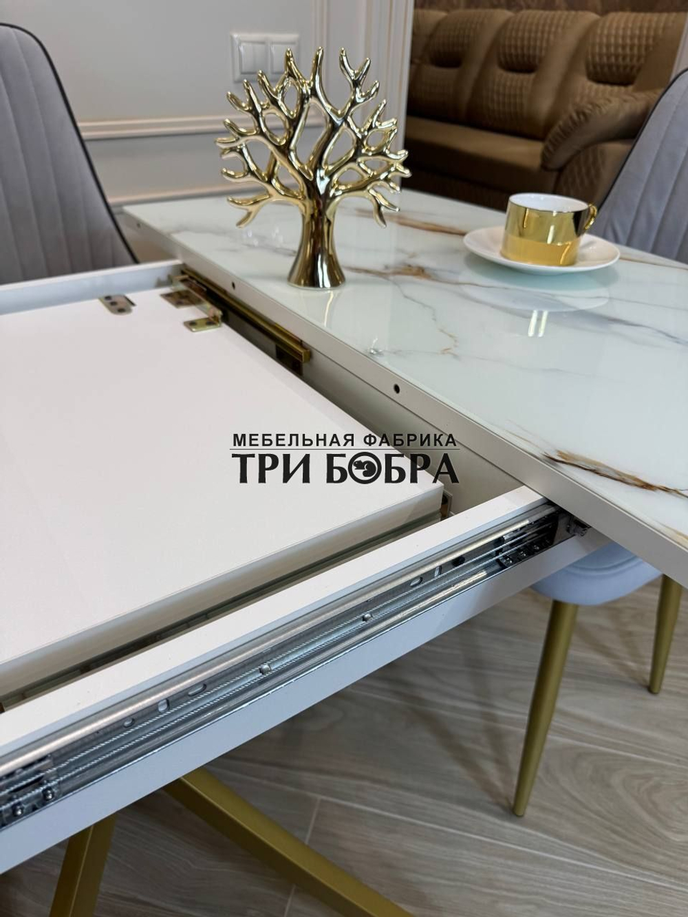 Кухонный раздвижной стол "ТАНГО" , белый мрамор и 4 стула Сорренто