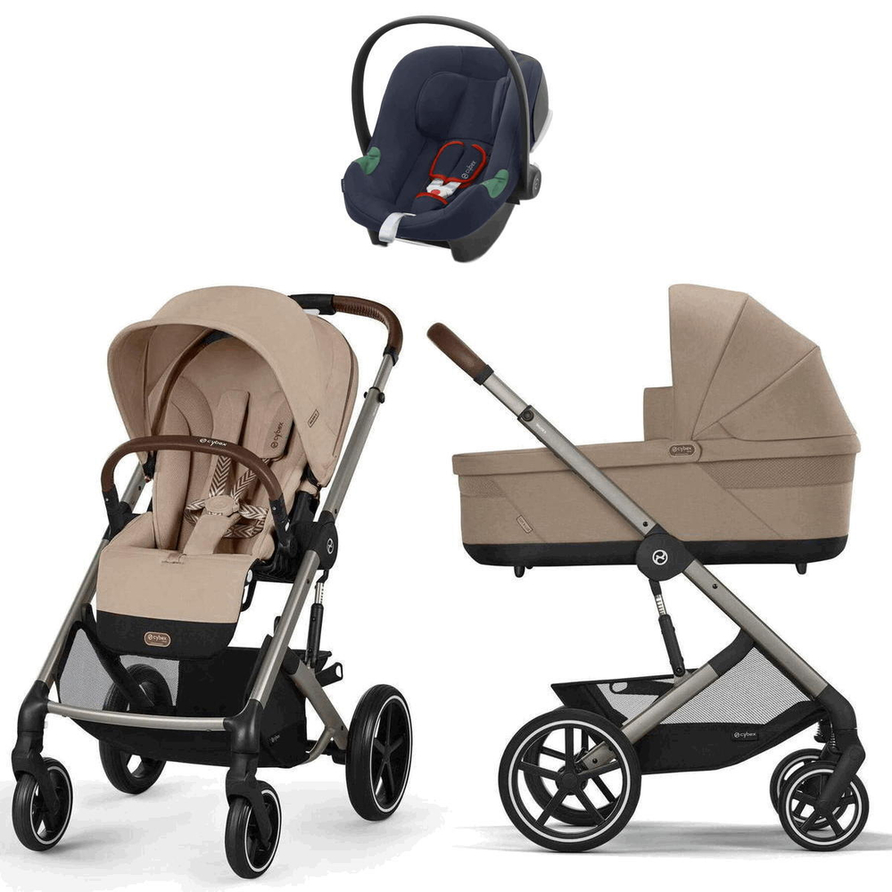 Коляска Cybex Balios S Lux TPE complete Aton B2 Bay Blue 3 в 1 Almond Beige с дождевиками