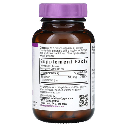 Bluebonnet Nutrition, Витамин B2, 100 мг, 100 растительных капсул