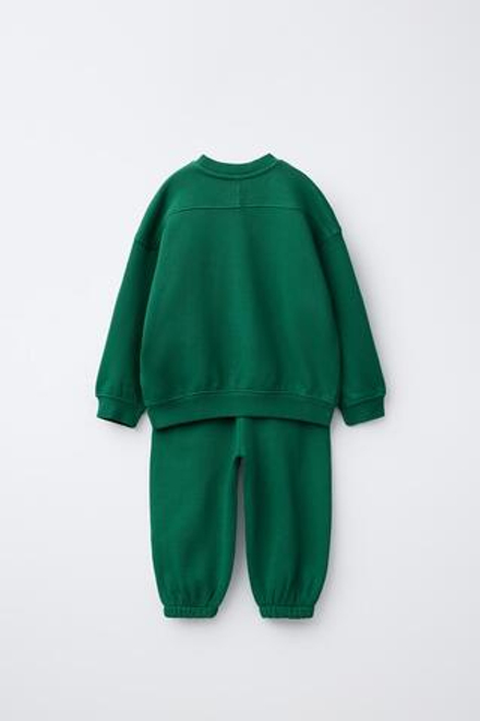 ZARA КОМПЛЕКТ ИЗ ТОЛСТОВКИ И БРЮК WIDE LEG С НАШИВКОЙ, ЗЕЛЕНЫЙ