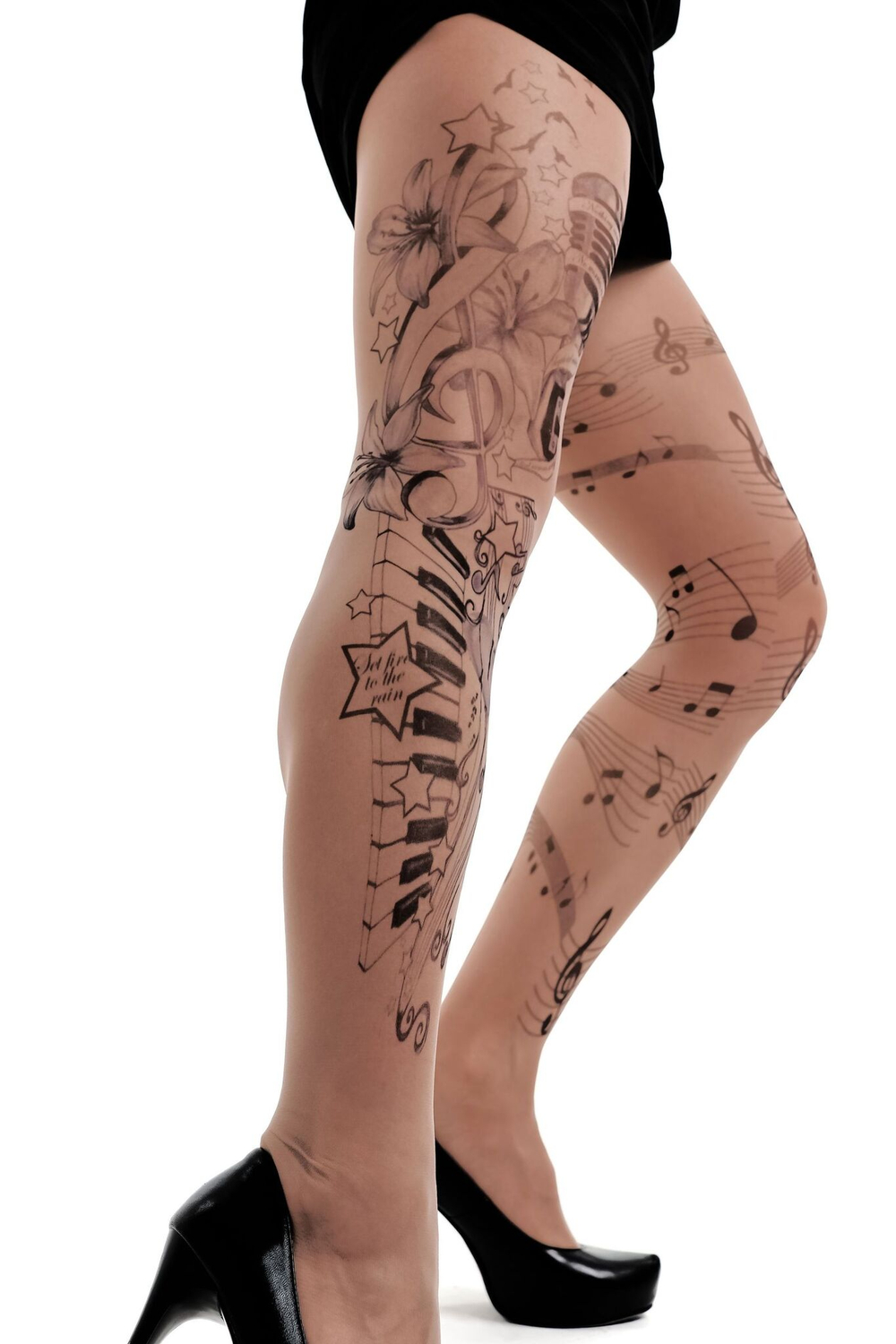 Колготки +size с принтом в виде музыкальных инструментов и нот (Размер: XL-XXL-XXXL) (Цвет: бежевый)