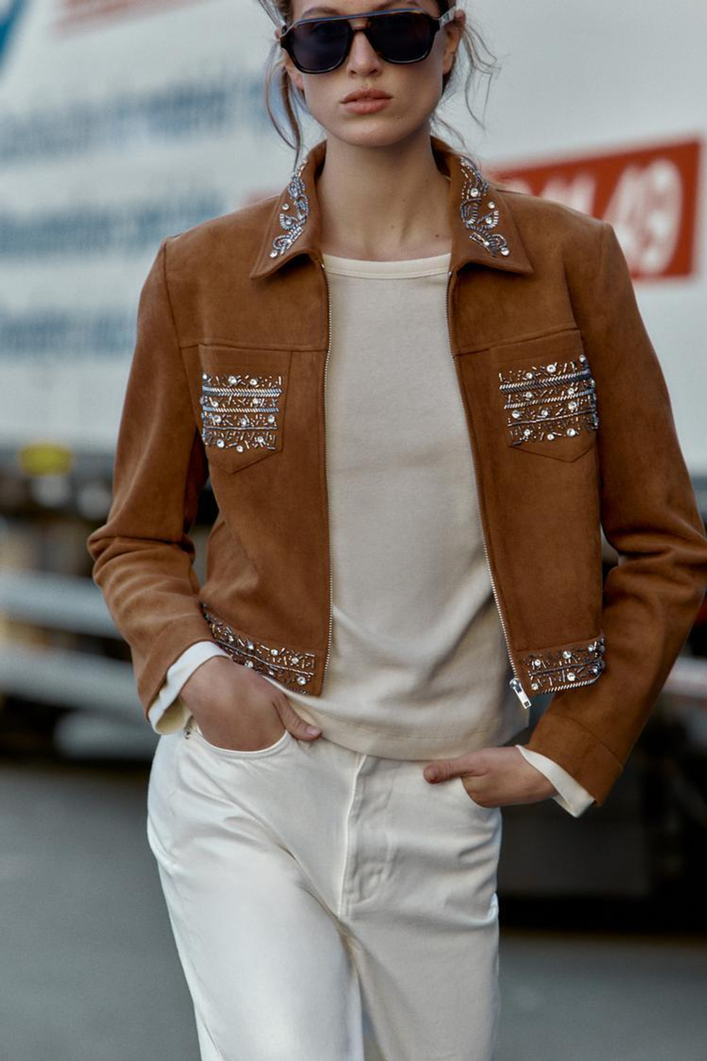 ZARA КУРТКА ПОД ЗАМШУ С ЗАКЛЕПКАМИ, КОРИЧНЕВЫЙ