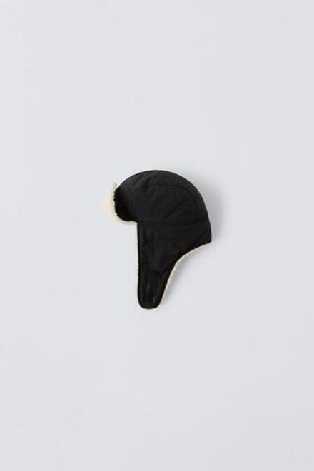 ZARA ШАПКА ИЗ НЕЙЛОНА ИЗ ИСКУССТВЕННОЙ ОВЧИНЫ, ЧЕРНЫЙ
