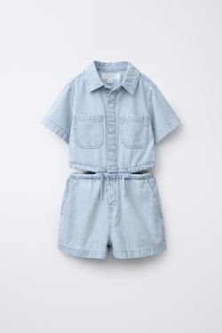 ZARA ДЖИНСОВЫЙ КОМБИНЕЗОН С ДЕКОРАТИВНЫМИ ВЫРЕЗАМИ, СИНИЙ