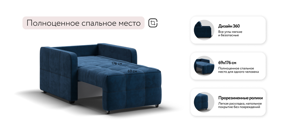 Кресло-кровать Денди Слим Велюр Монолит Синий(последний экземпляр)