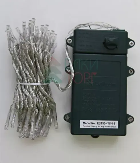 Светодиодная гирлянда 10 м., 3 батарейки типа D 4.5V, 100 LED ламп холодного белого цвета, таймер, прозрачный провод, LTC (EST100-4W10-8W)