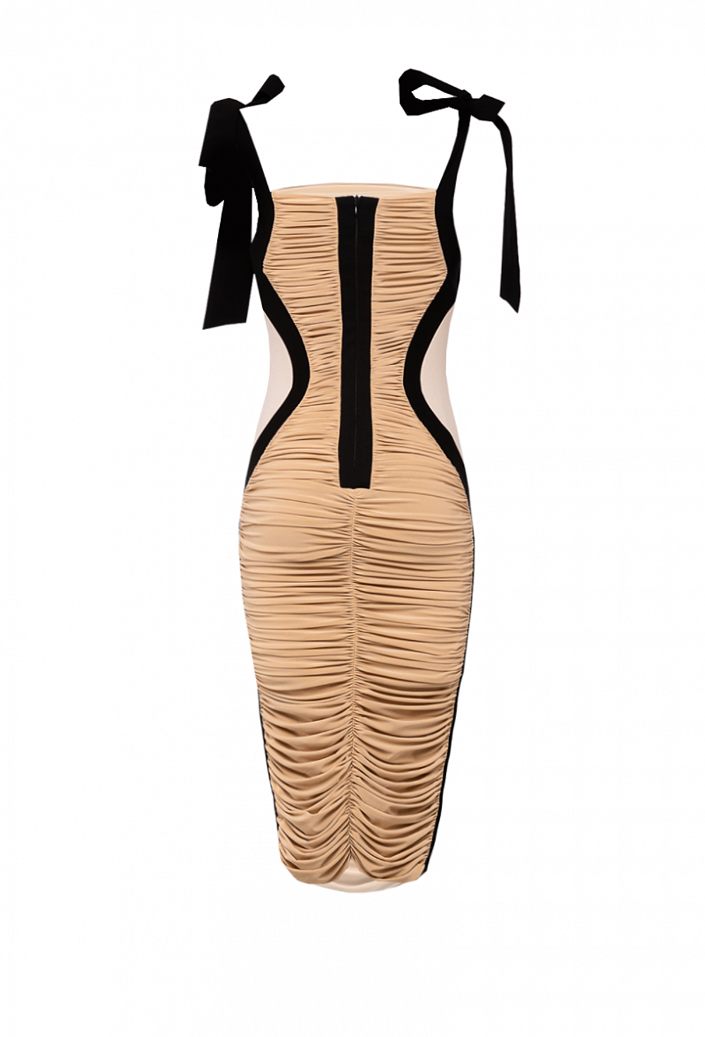 Платье чёрное в сборку с боковыми бежевыми рельефами 02-01-21SS