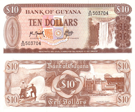 Гайана 10 долларов 1966-1992 Добыча бокситов UNC