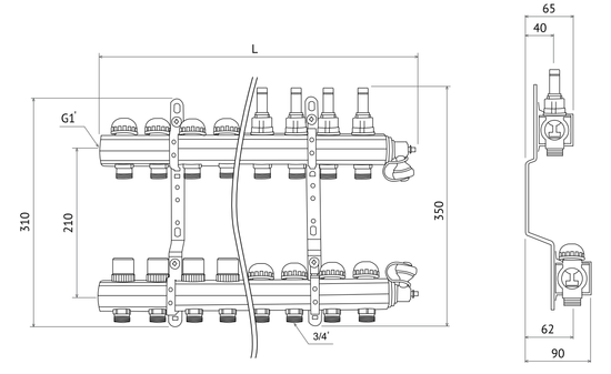 Коллектор Uni-Fitt 1"х3/4" 9 вых. из латуни с расходомерами и термостатическими вентилями 440E4309