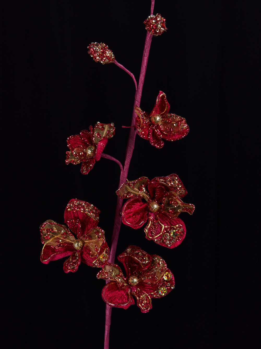 Веточка с оридеями 64см ChristmasDeLuxe бордовая с золотом