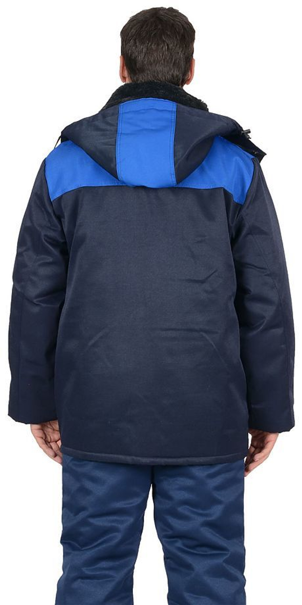 Куртка утепленная темно-синяя с васильковой кокеткой с меховым воротником