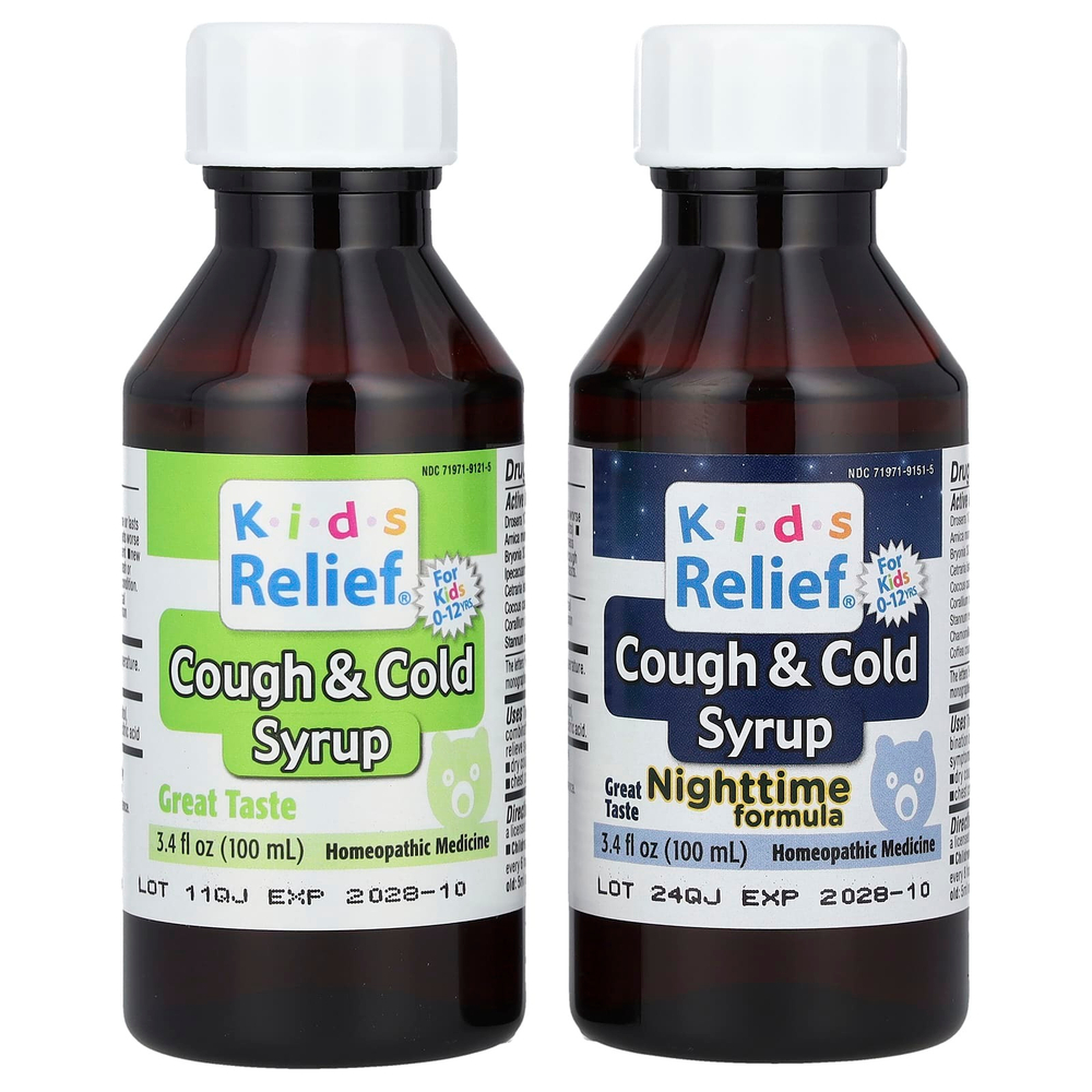 Homeolab USA, Kids Relief®, сиропы от кашля и простуды, дневное и ночное средство, 0–12 лет, 2 флакона по 100 мл (3,4 жидк. унц.)